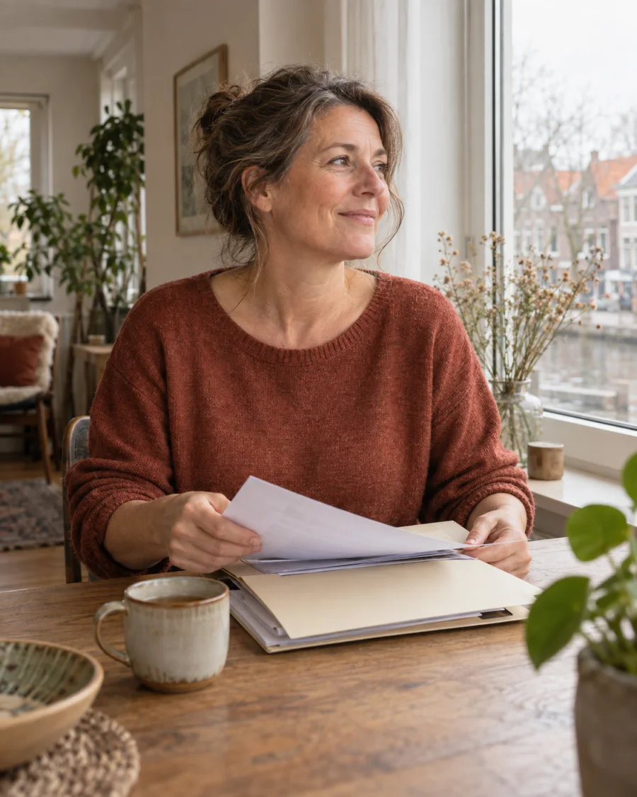 Illustratieve scène: rust thuis na het ordenen van administratie